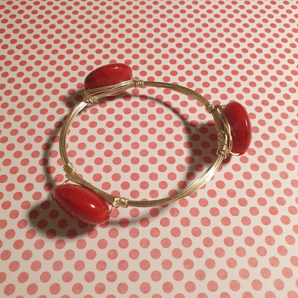 Silver Wire Bangle Bracelet Red Oval Beads Handmade Artisan Vintage Jewelry